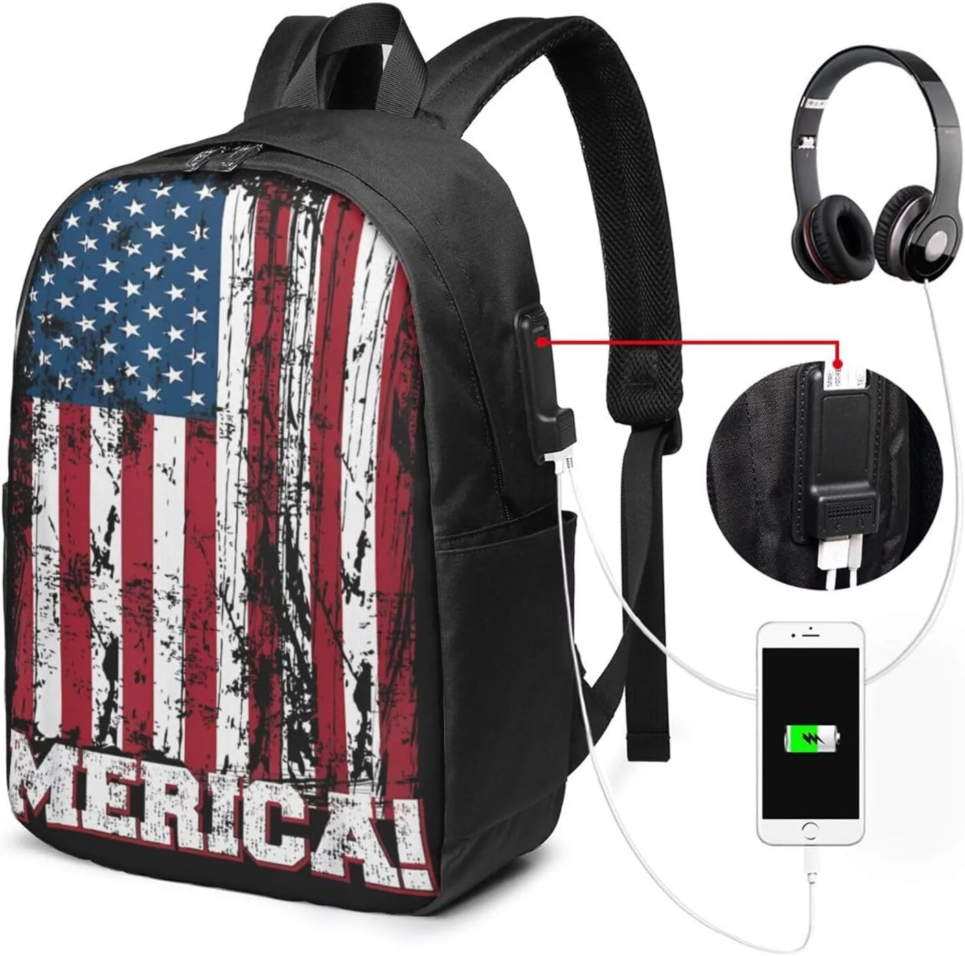 American Flag Patriotic Backpack 17 Inch Laptop Backpacks Outdoor Travel Rucksack Work Business Daypack with USB Port Carry On Bag for Cycling Hiking