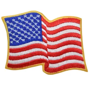 American Flag, Wavy Gold USA Embroidered Patch 2-3/8" tall x 3-1/4" wide — Iron On