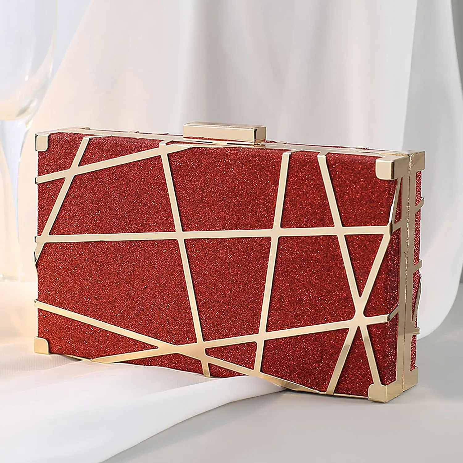 ANUFER Women's Sparkly Sequins Evening Clutch Bag Geometric Party Purse Bag with Two Chains