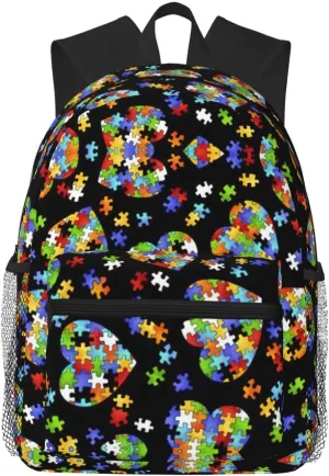 Autism Awareness Puzzle Pieces Heart Print Comfortable Backpack Ideal For Travel, Outdoor And Everyday Use, Unisex