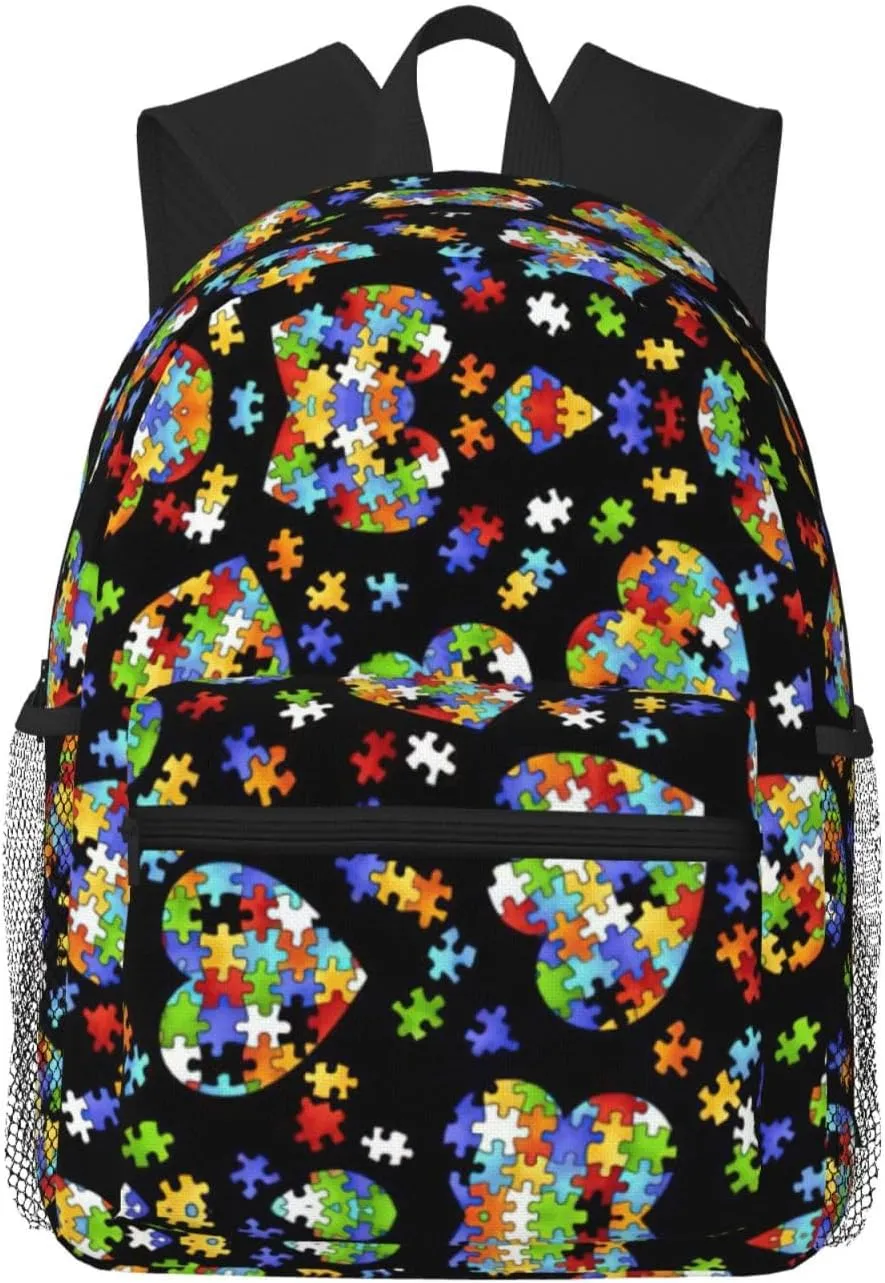 Autism Awareness Puzzle Pieces Heart Print Comfortable Backpack Ideal For Travel, Outdoor And Everyday Use, Unisex