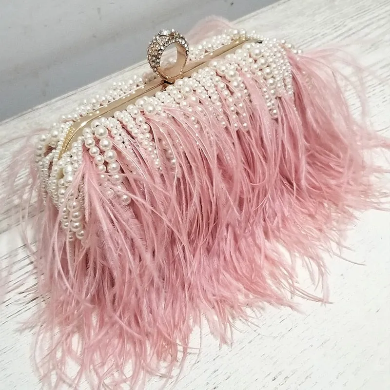 Autruche - Drag Queen Ostrich Feather And Pearl Clutch