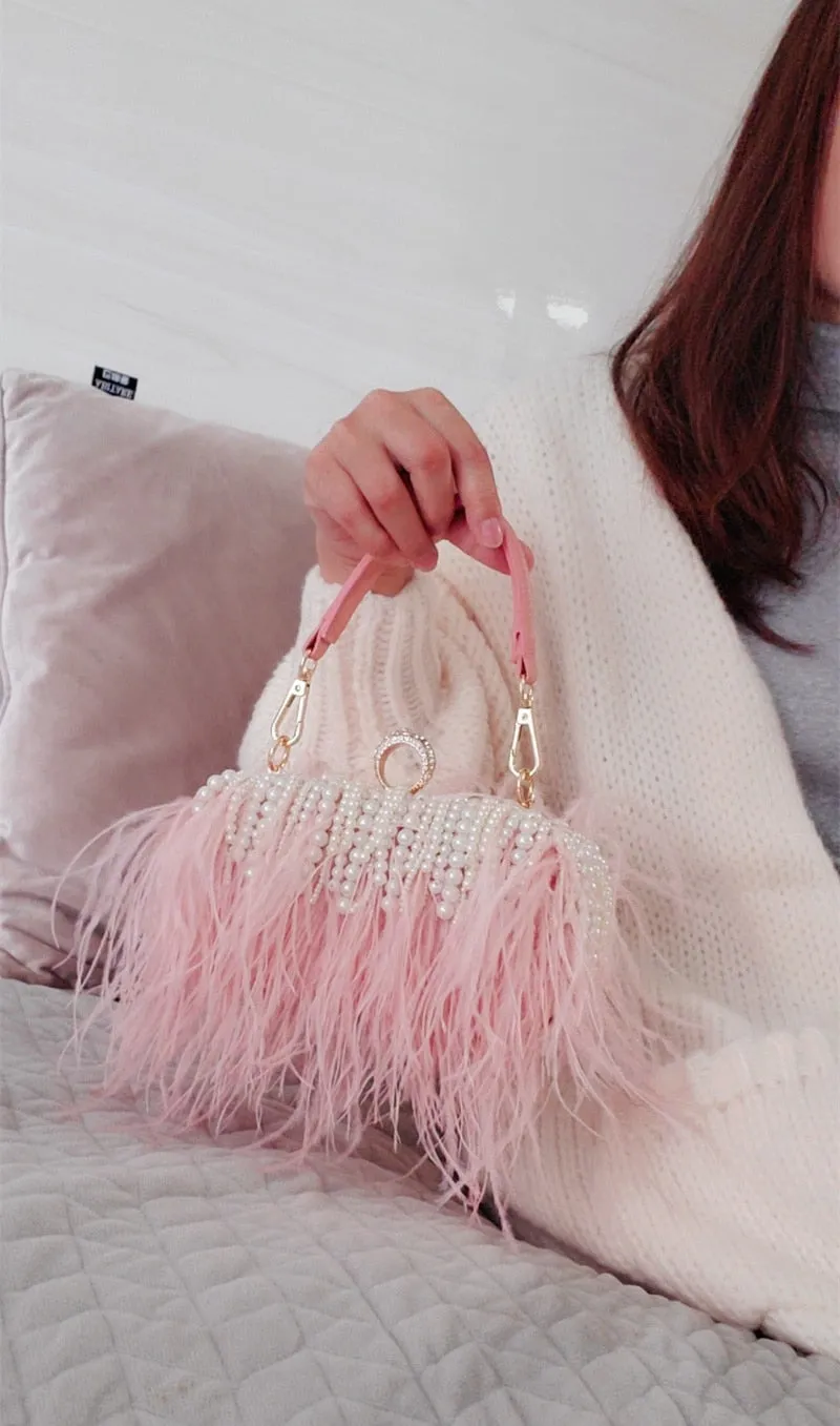 Autruche - Drag Queen Ostrich Feather And Pearl Clutch