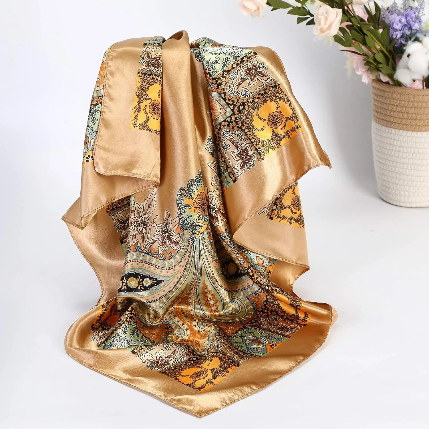 AWAYTR 35” Satin Large Square Head Scarves - 4PCS Silk Like Neck Scarf Hair Sleeping Wraps Satin Silk Scarfs for Women