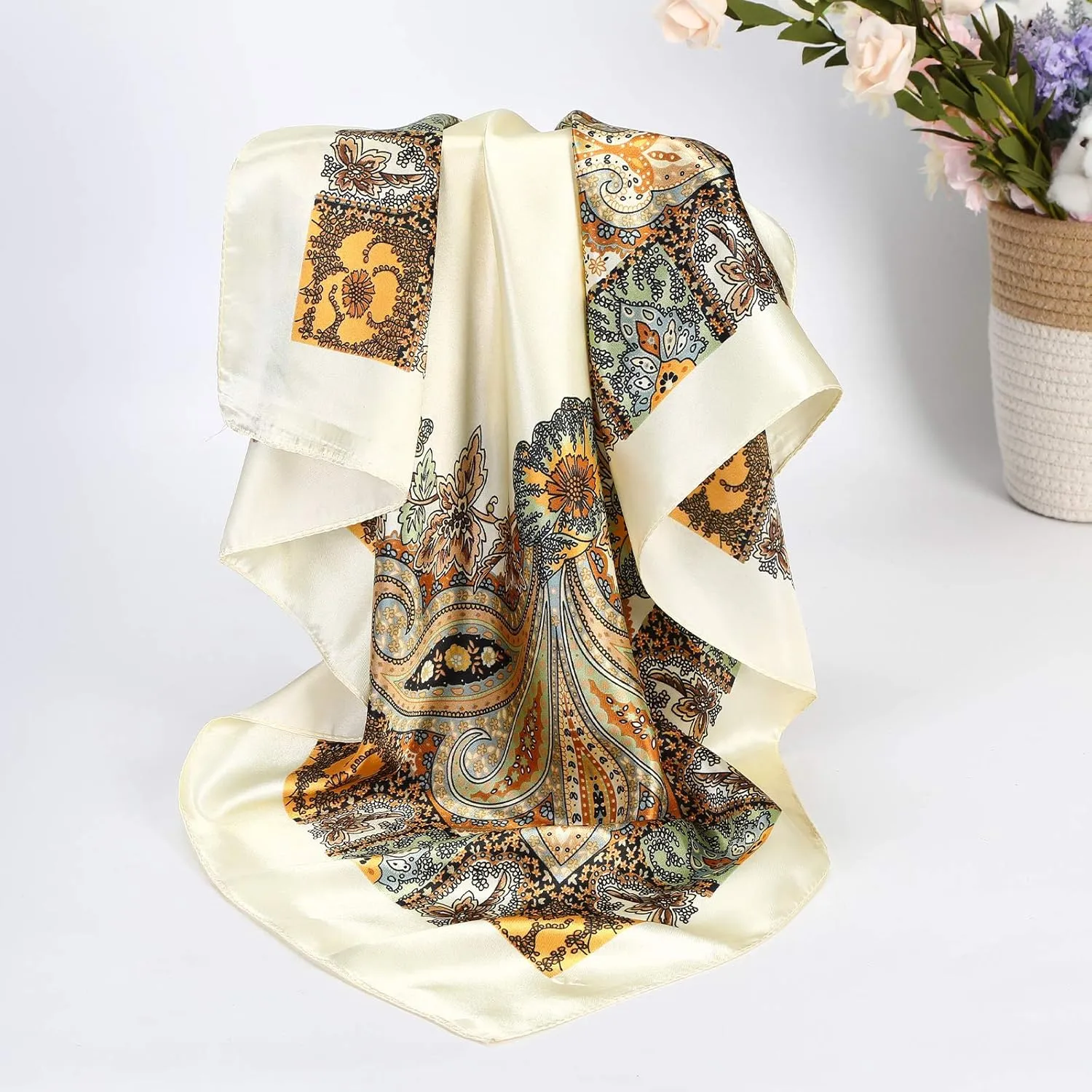 AWAYTR 35” Satin Large Square Head Scarves - 4PCS Silk Like Neck Scarf Hair Sleeping Wraps Satin Silk Scarfs for Women