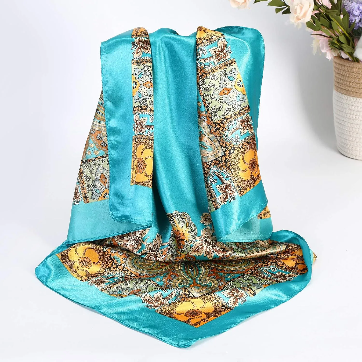 AWAYTR 35” Satin Large Square Head Scarves - 4PCS Silk Like Neck Scarf Hair Sleeping Wraps Satin Silk Scarfs for Women