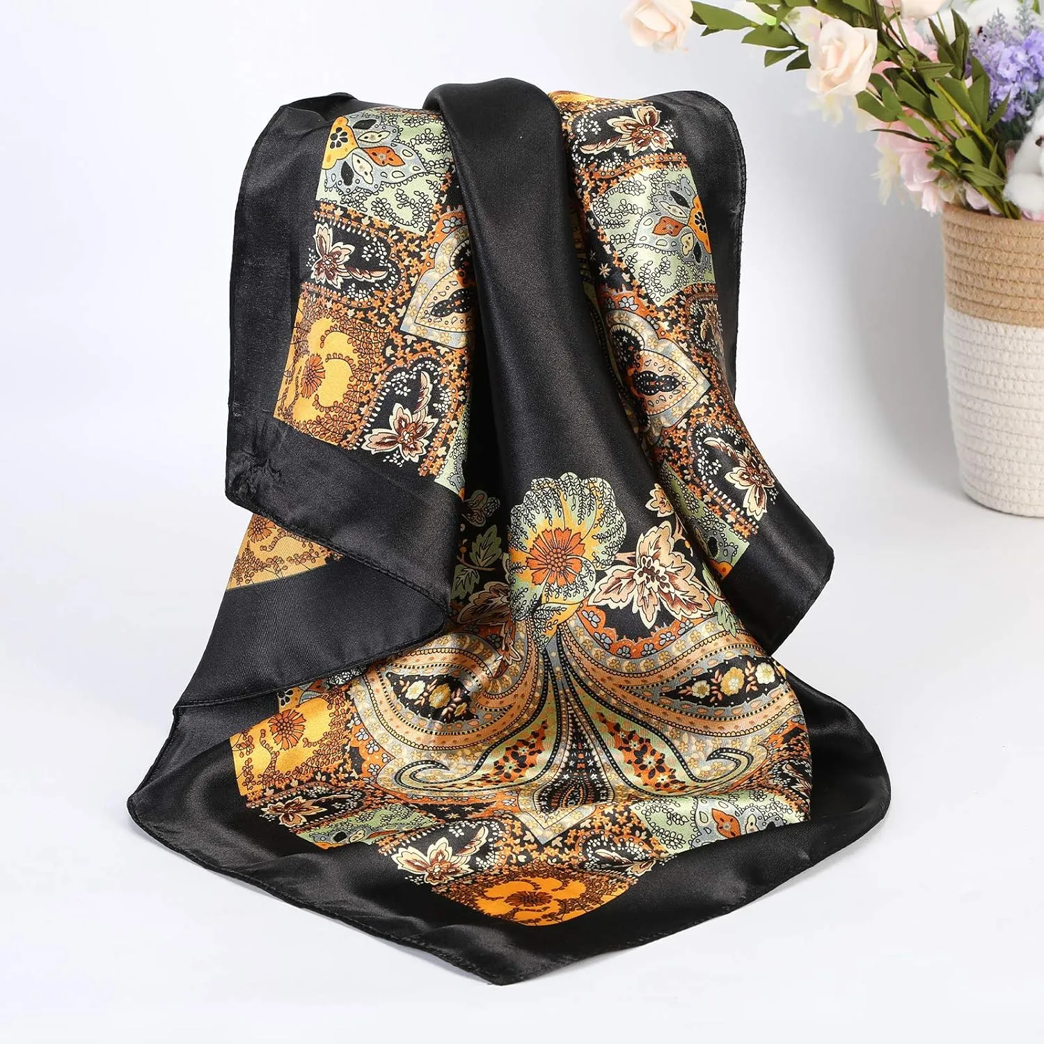 AWAYTR 35” Satin Large Square Head Scarves - 4PCS Silk Like Neck Scarf Hair Sleeping Wraps Satin Silk Scarfs for Women