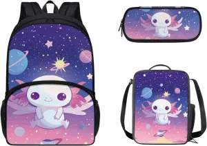 Axolotl Backpack and Lunch Bag Set for Girls and Boys 3PCS Primary School Bag Rucksack Backpack Set for Girls Boys with Lunch Bag Pencil Case Bookbags for Boys Girls Teen
