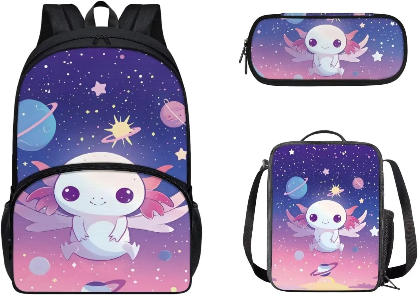 Axolotl Backpack and Lunch Bag Set for Girls and Boys 3PCS Primary School Bag Rucksack Backpack Set for Girls Boys with Lunch Bag Pencil Case Bookbags for Boys Girls Teen