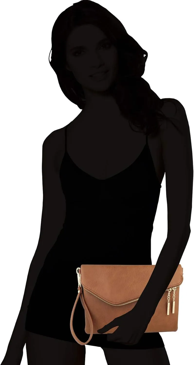 B BRENTANO Fold-Over Envelope Wristlet Clutch Crossbody Bag with Tassel Accents