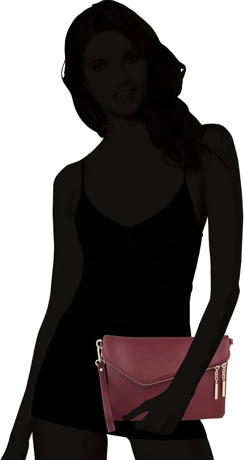 B BRENTANO Fold-Over Envelope Wristlet Clutch Crossbody Bag with Tassel Accents