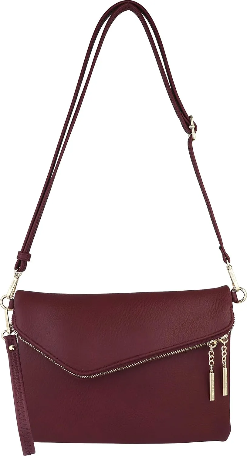 B BRENTANO Fold-Over Envelope Wristlet Clutch Crossbody Bag with Tassel Accents