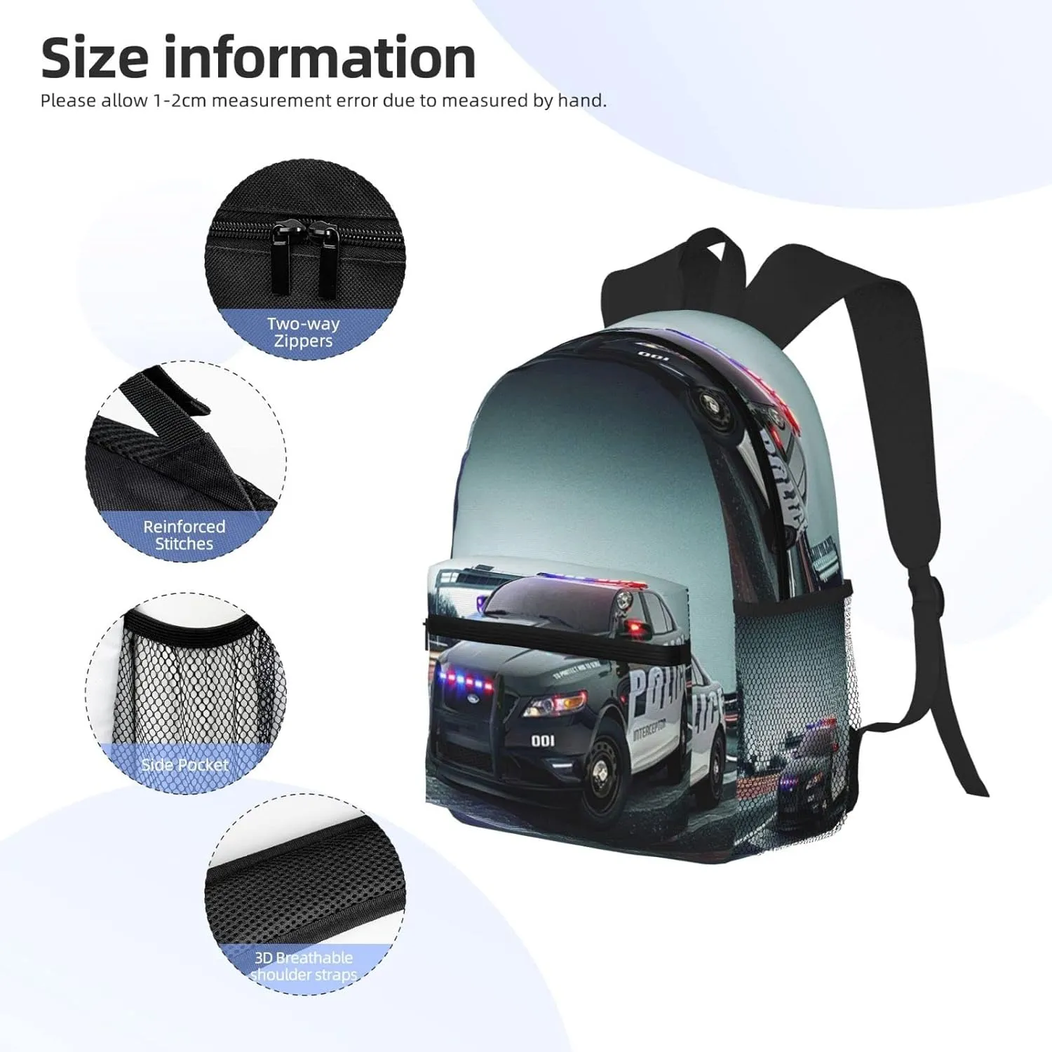 Backpack Police Car, Travel Laptop Backpacks Casual College Daypack School Bag for Boys Girls Men Adult One Size