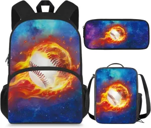 Baseball Middle School Backpack for Boys with Lunch Box Pencil Case 12-14 Kids School Bookbag Galaxy Flame Print Large Capacity Travel Shoulder Bag Laptop Backpacks Back Pack