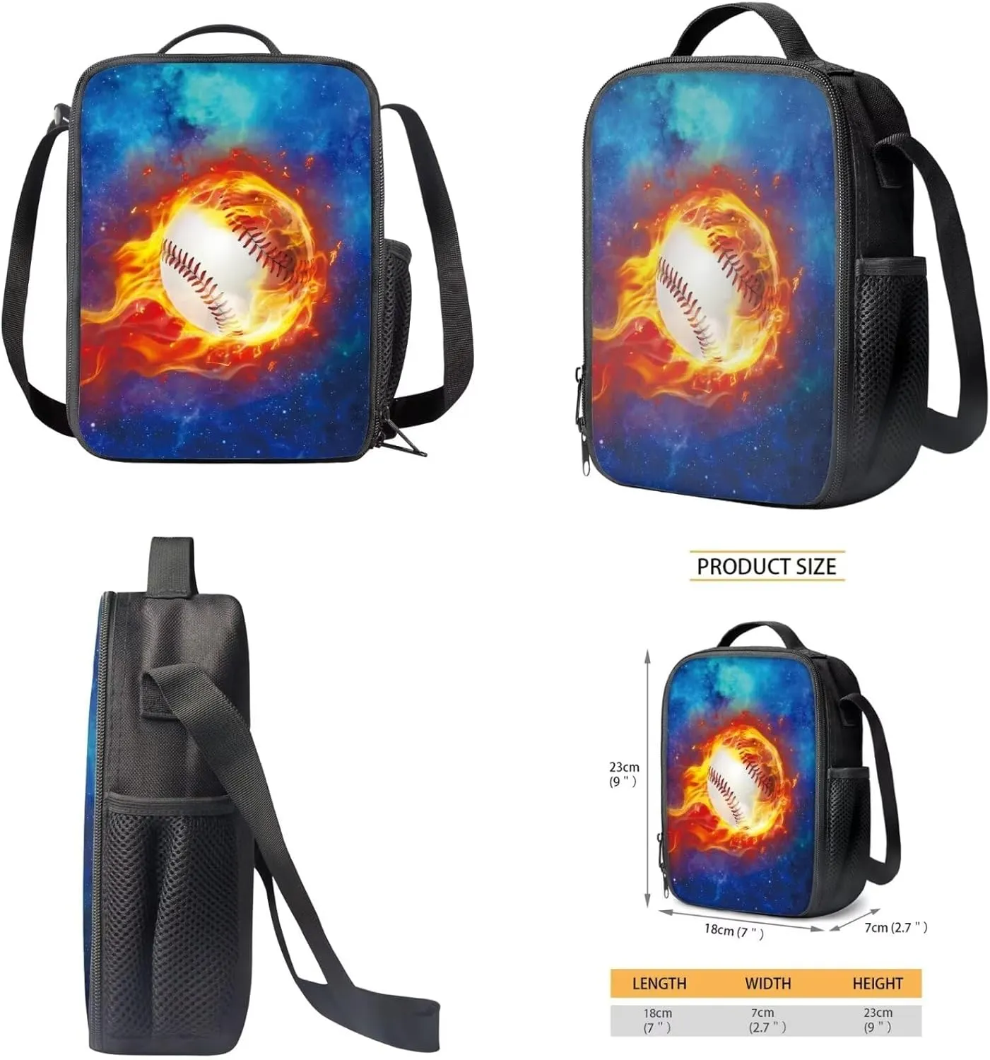 Baseball Middle School Backpack for Boys with Lunch Box Pencil Case 12-14 Kids School Bookbag Galaxy Flame Print Large Capacity Travel Shoulder Bag Laptop Backpacks Back Pack