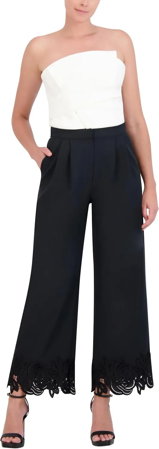 BCBGMAXAZRIA Women's Floral Applique Wide Leg Pants