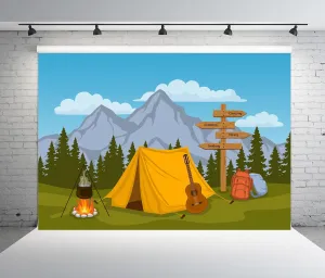 BELECO Cartoon Camping Backdrop 15x10ft Fabric Forest and Mountain Scenery Outdoor Campfire Camper Tent Theme Birthday Party Backdrop Hiking Climbing Sign Guitar Backpacks Background Photo Props