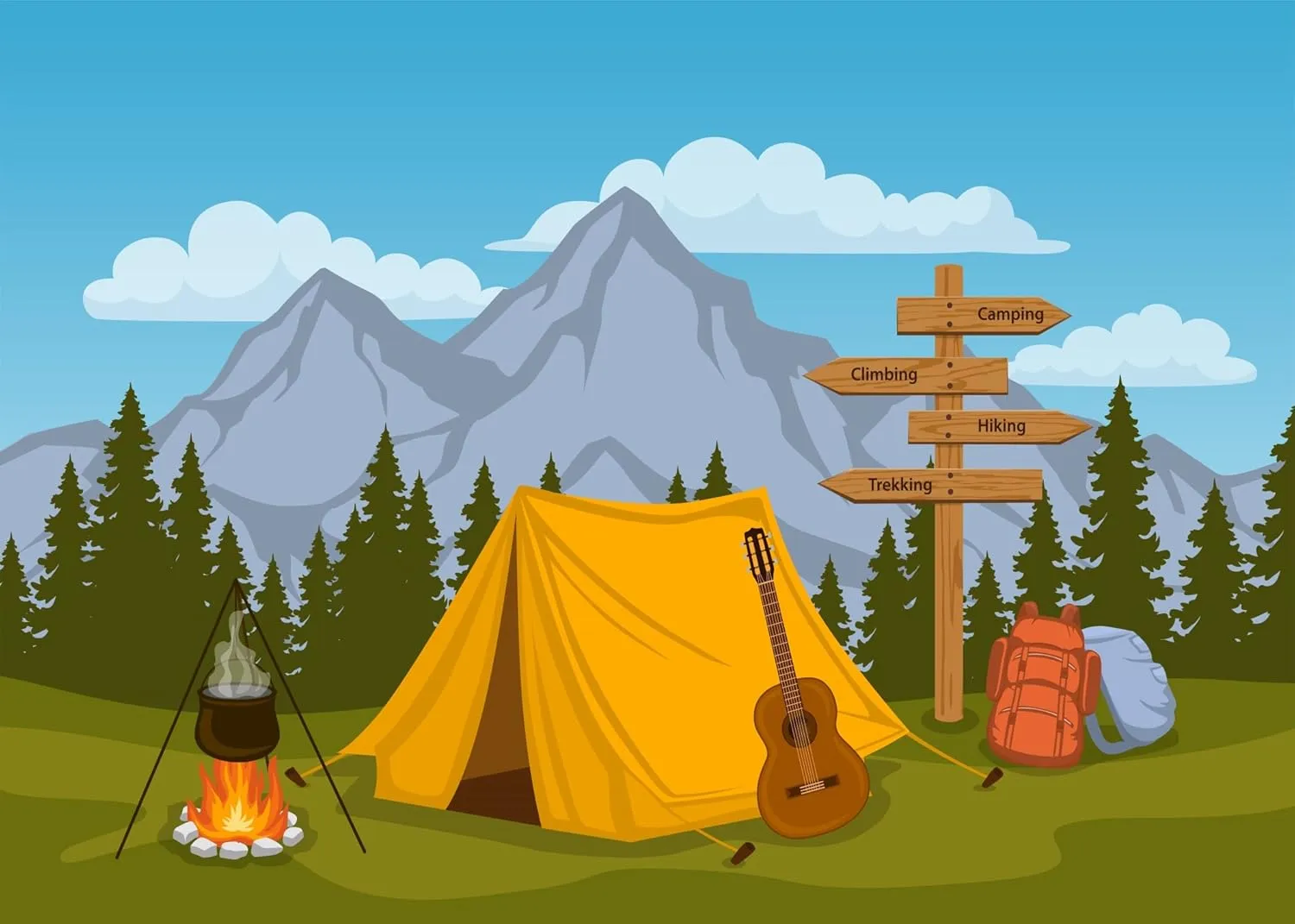 BELECO Cartoon Camping Backdrop 15x10ft Fabric Forest and Mountain Scenery Outdoor Campfire Camper Tent Theme Birthday Party Backdrop Hiking Climbing Sign Guitar Backpacks Background Photo Props