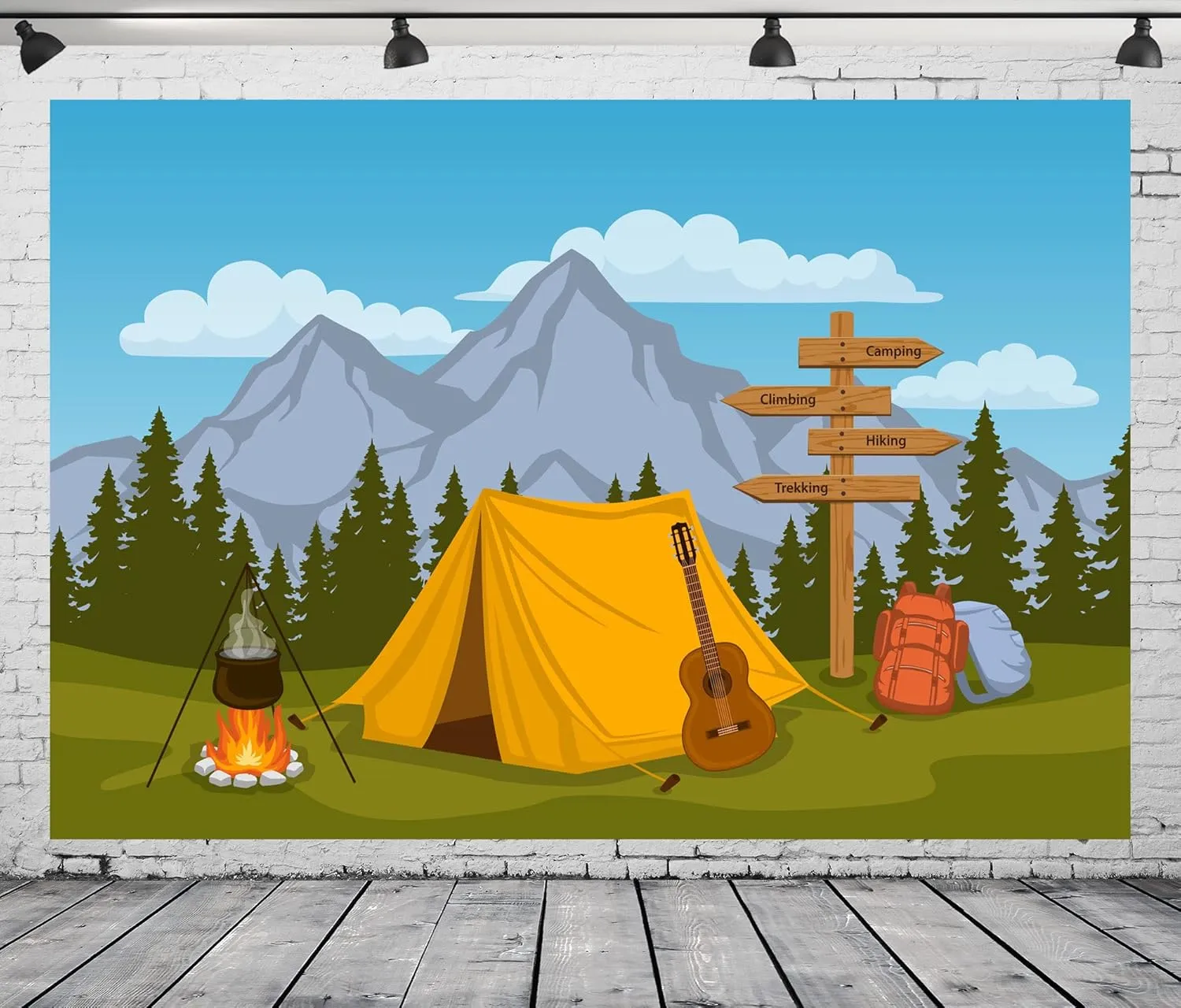 BELECO Cartoon Camping Backdrop 15x10ft Fabric Forest and Mountain Scenery Outdoor Campfire Camper Tent Theme Birthday Party Backdrop Hiking Climbing Sign Guitar Backpacks Background Photo Props