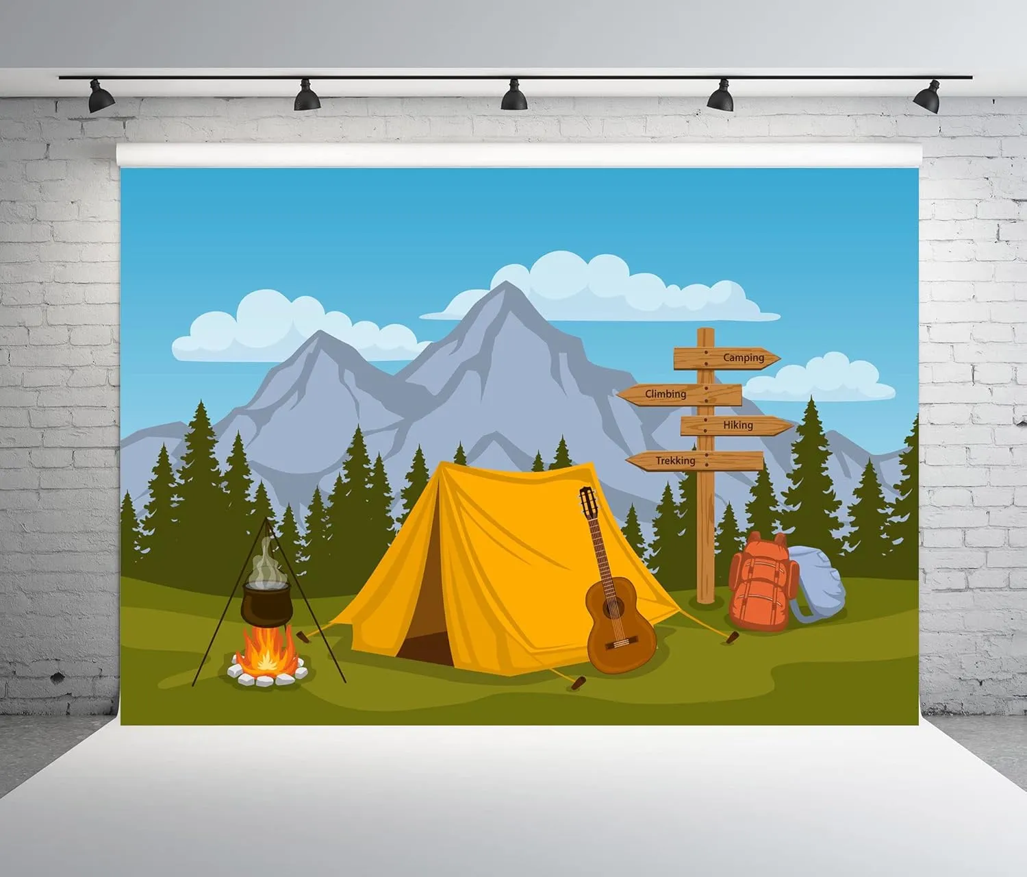 BELECO Cartoon Camping Backdrop 15x10ft Fabric Forest and Mountain Scenery Outdoor Campfire Camper Tent Theme Birthday Party Backdrop Hiking Climbing Sign Guitar Backpacks Background Photo Props