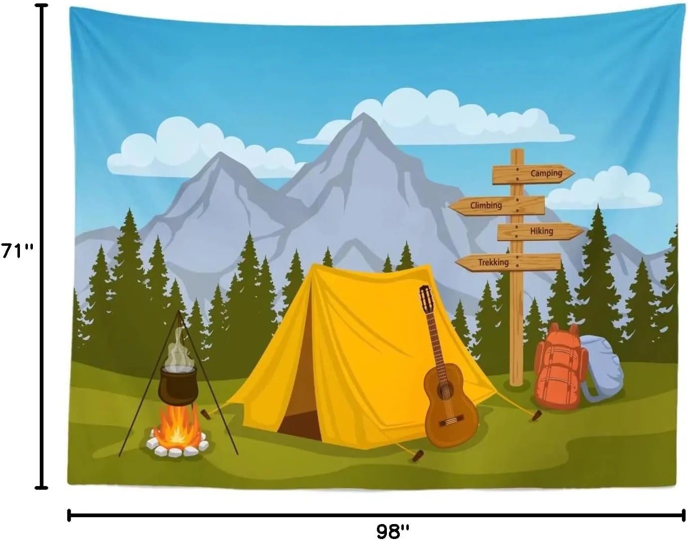 BELECO Cartoon Camping Backdrop 8x6ft Fabric Forest and Mountain Scenery Outdoor Campfire Camper Tent Theme Birthday Party Backdrop Hiking Climbing Sign Guitar Backpacks Background Photo Props