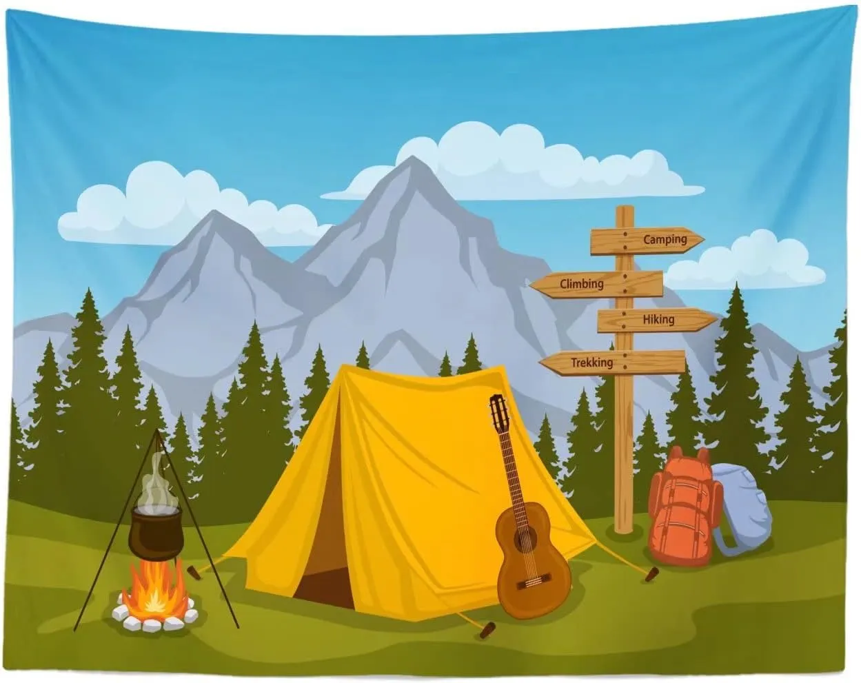 BELECO Cartoon Camping Backdrop 8x6ft Fabric Forest and Mountain Scenery Outdoor Campfire Camper Tent Theme Birthday Party Backdrop Hiking Climbing Sign Guitar Backpacks Background Photo Props