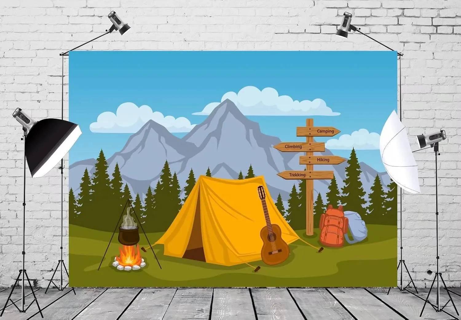 BELECO Cartoon Camping Backdrop 8x6ft Fabric Forest and Mountain Scenery Outdoor Campfire Camper Tent Theme Birthday Party Backdrop Hiking Climbing Sign Guitar Backpacks Background Photo Props
