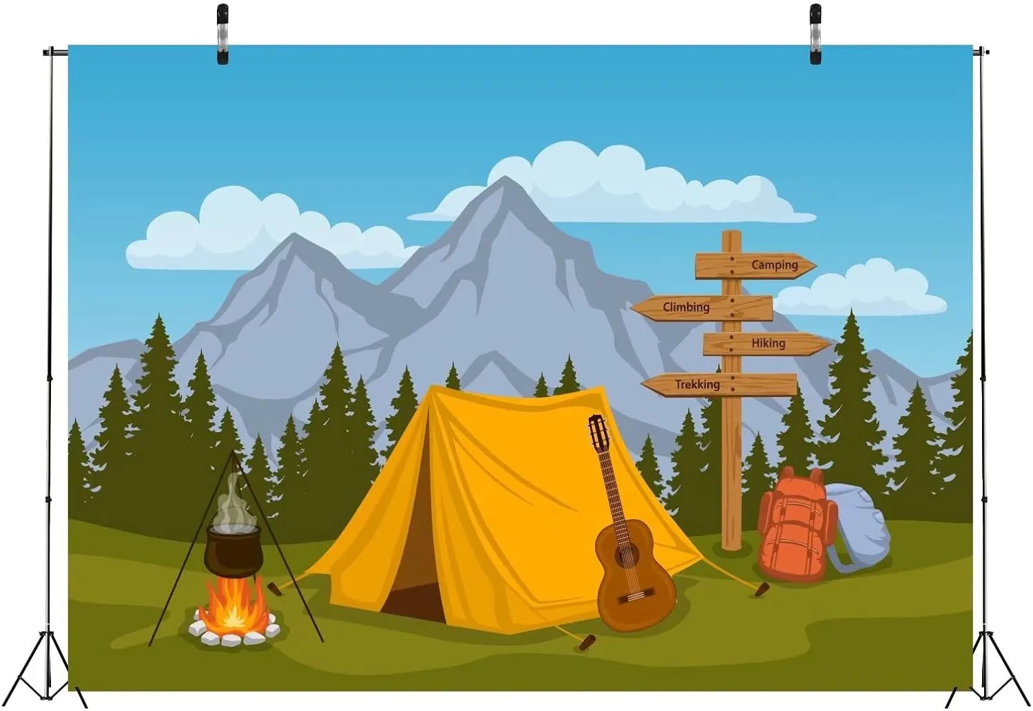 BELECO Cartoon Camping Backdrop 8x6ft Fabric Forest and Mountain Scenery Outdoor Campfire Camper Tent Theme Birthday Party Backdrop Hiking Climbing Sign Guitar Backpacks Background Photo Props