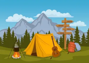 BELECO Cartoon Camping Backdrop 8x6ft Fabric Forest and Mountain Scenery Outdoor Campfire Camper Tent Theme Birthday Party Backdrop Hiking Climbing Sign Guitar Backpacks Background Photo Props