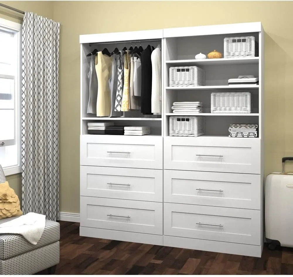 Bestar Wardrobe Closet Organizer System 72-inch with Drawers for Bedroom, Entryway, Pur Collection, Modern, White