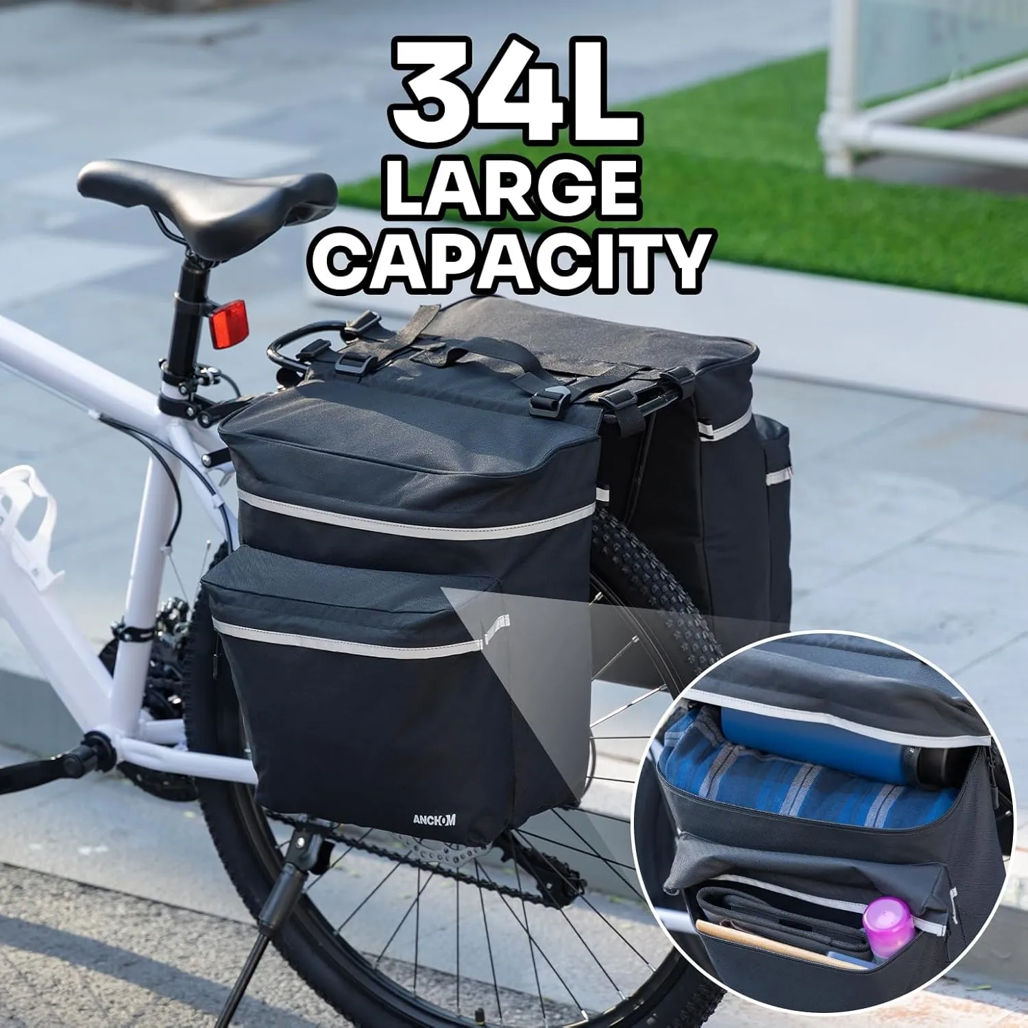 Bike Panniers, 34L Upgraded Water Resistant Saddle Bags for Bicycle Rear Racks, Bike Accessories for Mountain, Road & Electric Bikes, Bike Bag for Commuting Black