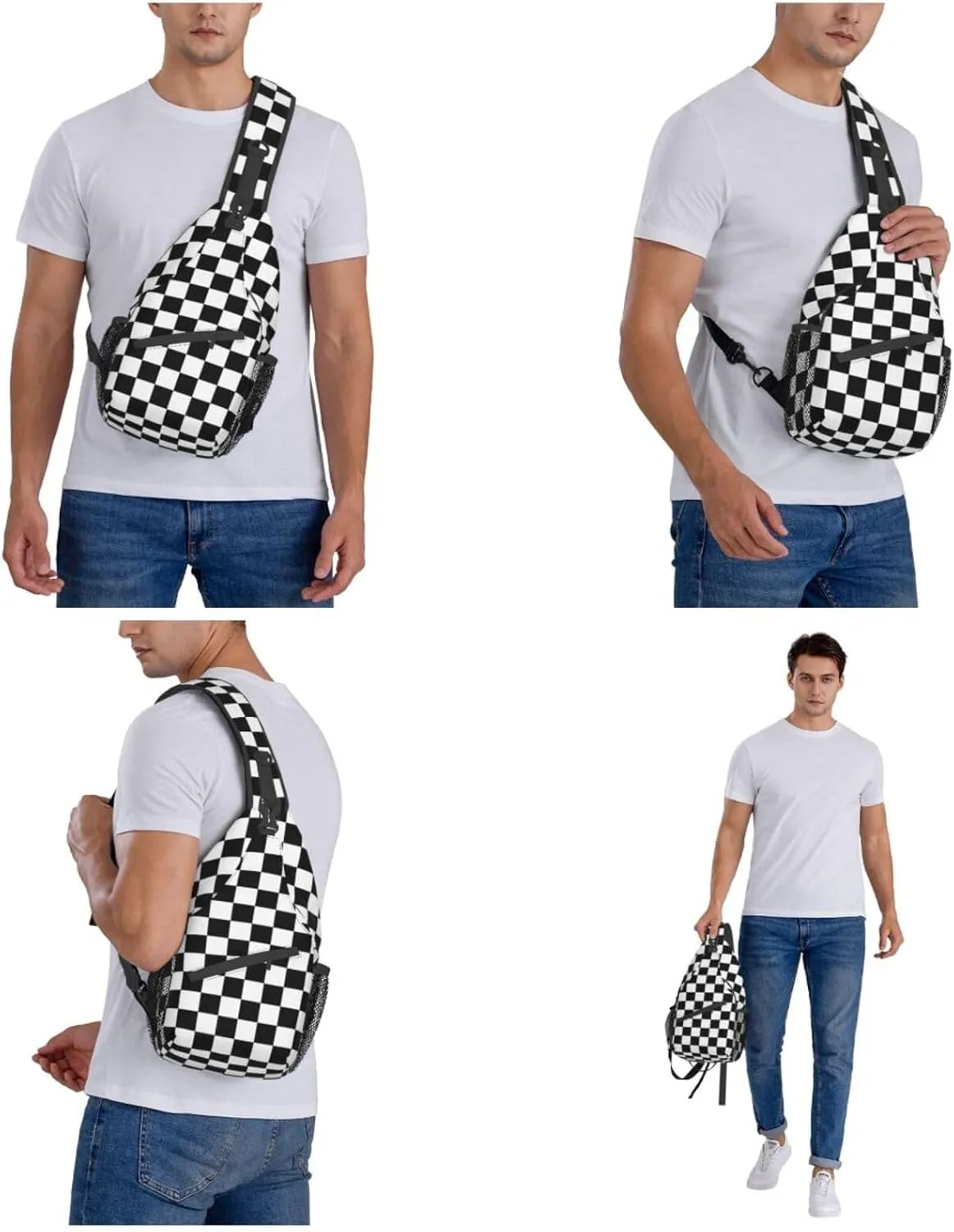 Black And White Checkered Print Crossbody Backpack Shoulder Bag Cross Chest Bag For Travel, Hiking Gym Tactical Use