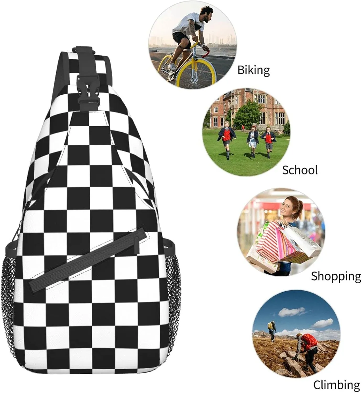 Black And White Checkered Print Crossbody Backpack Shoulder Bag Cross Chest Bag For Travel, Hiking Gym Tactical Use