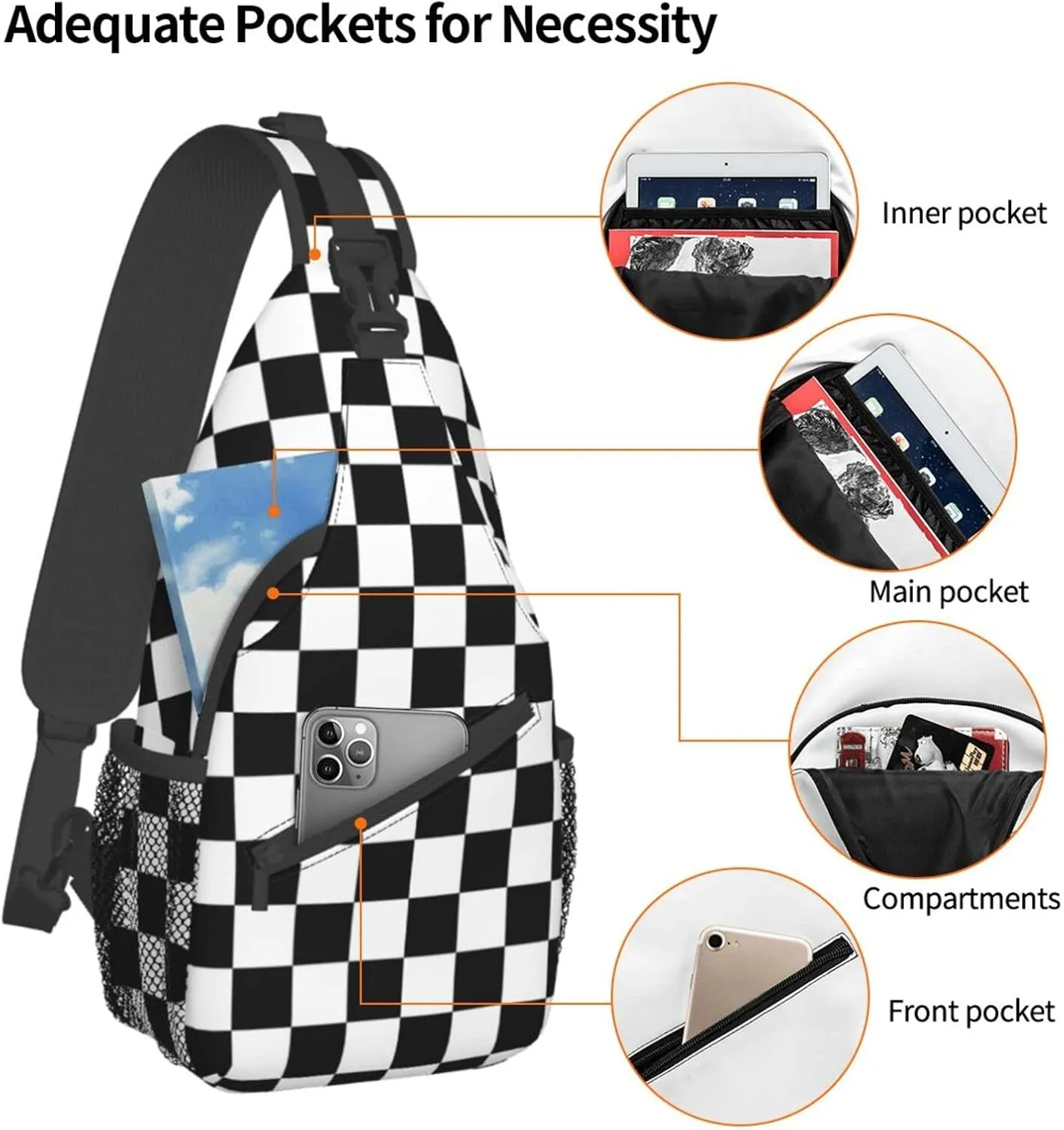 Black And White Checkered Print Crossbody Backpack Shoulder Bag Cross Chest Bag For Travel, Hiking Gym Tactical Use