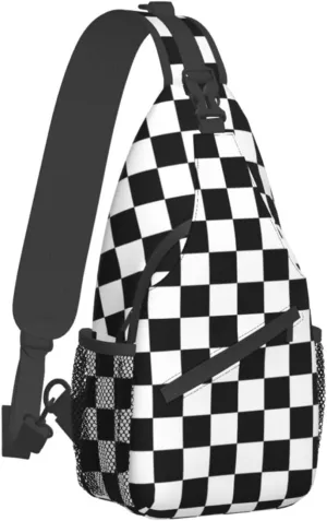 Black And White Checkered Print Crossbody Backpack Shoulder Bag Cross Chest Bag For Travel, Hiking Gym Tactical Use