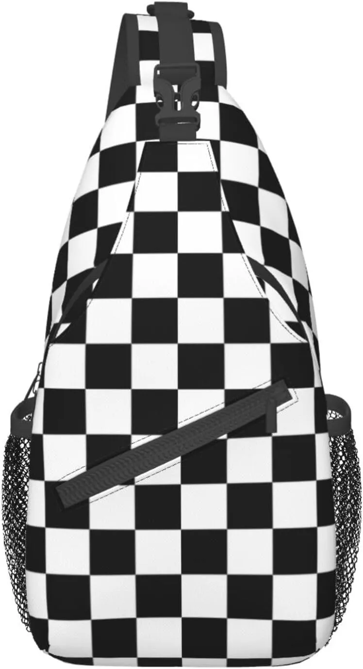 Black And White Checkered Print Crossbody Backpack Shoulder Bag Cross Chest Bag For Travel, Hiking Gym Tactical Use