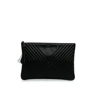 Black Chanel Large Diagonal Chevron Calfskin Tassel O Case Clutch