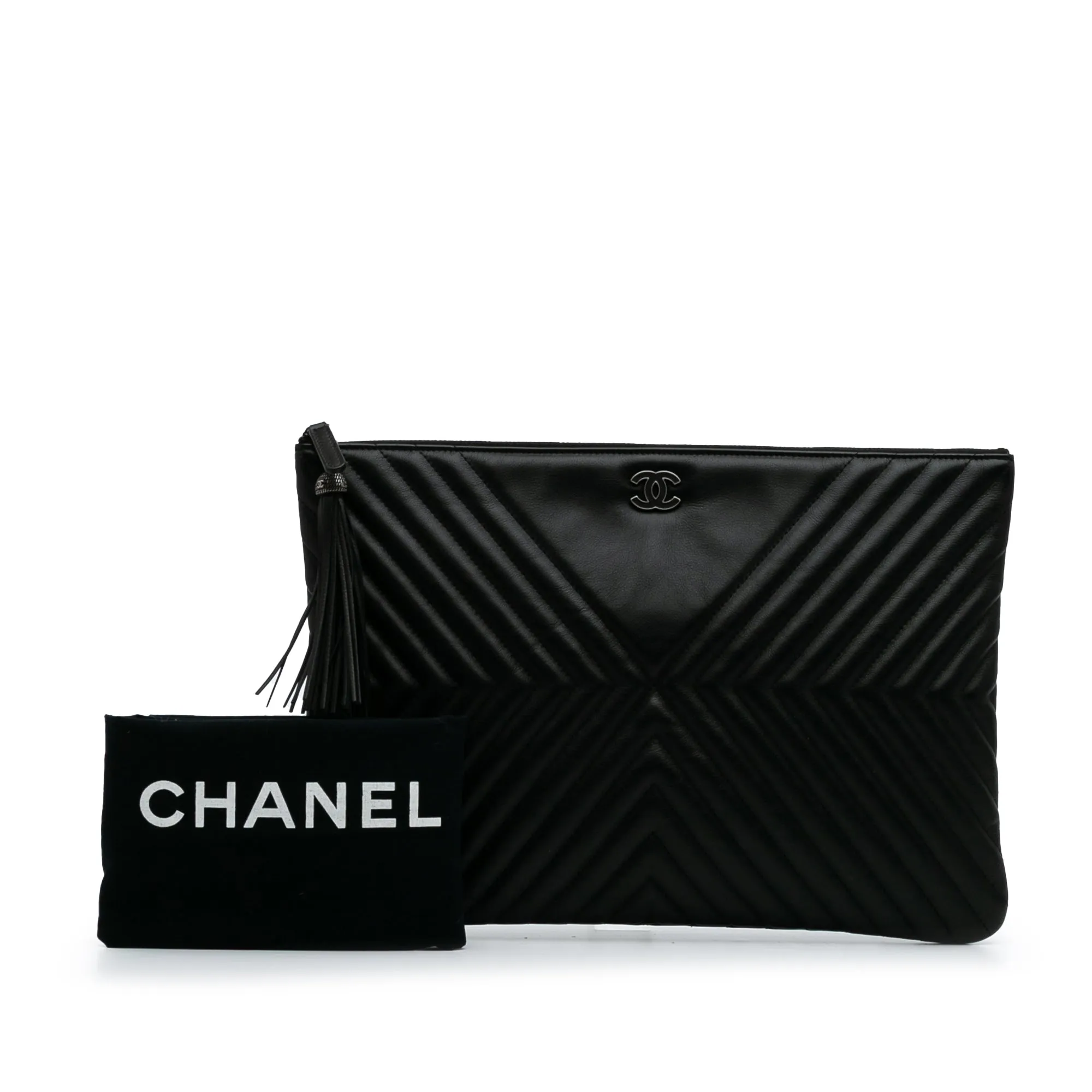 Black Chanel Large Diagonal Chevron Calfskin Tassel O Case Clutch
