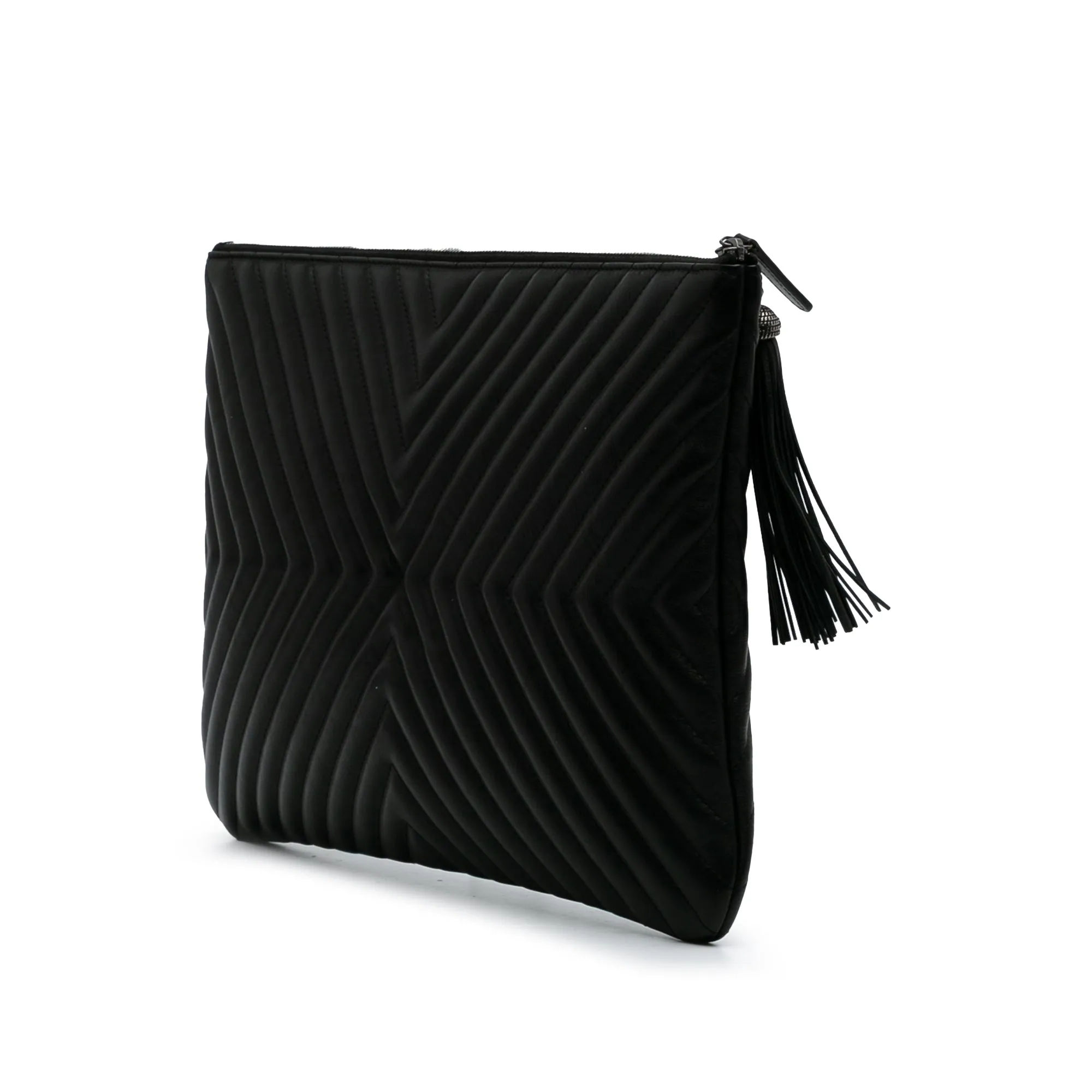 Black Chanel Large Diagonal Chevron Calfskin Tassel O Case Clutch