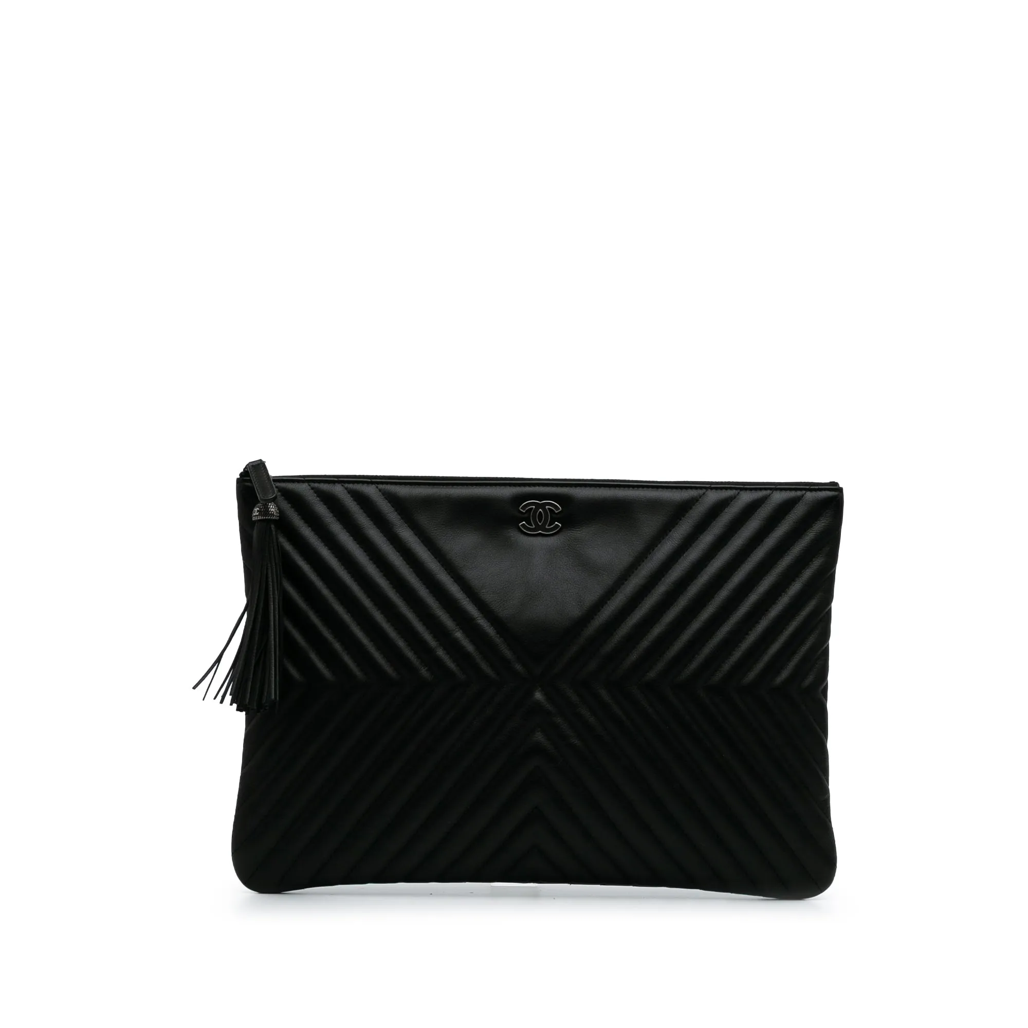 Black Chanel Large Diagonal Chevron Calfskin Tassel O Case Clutch