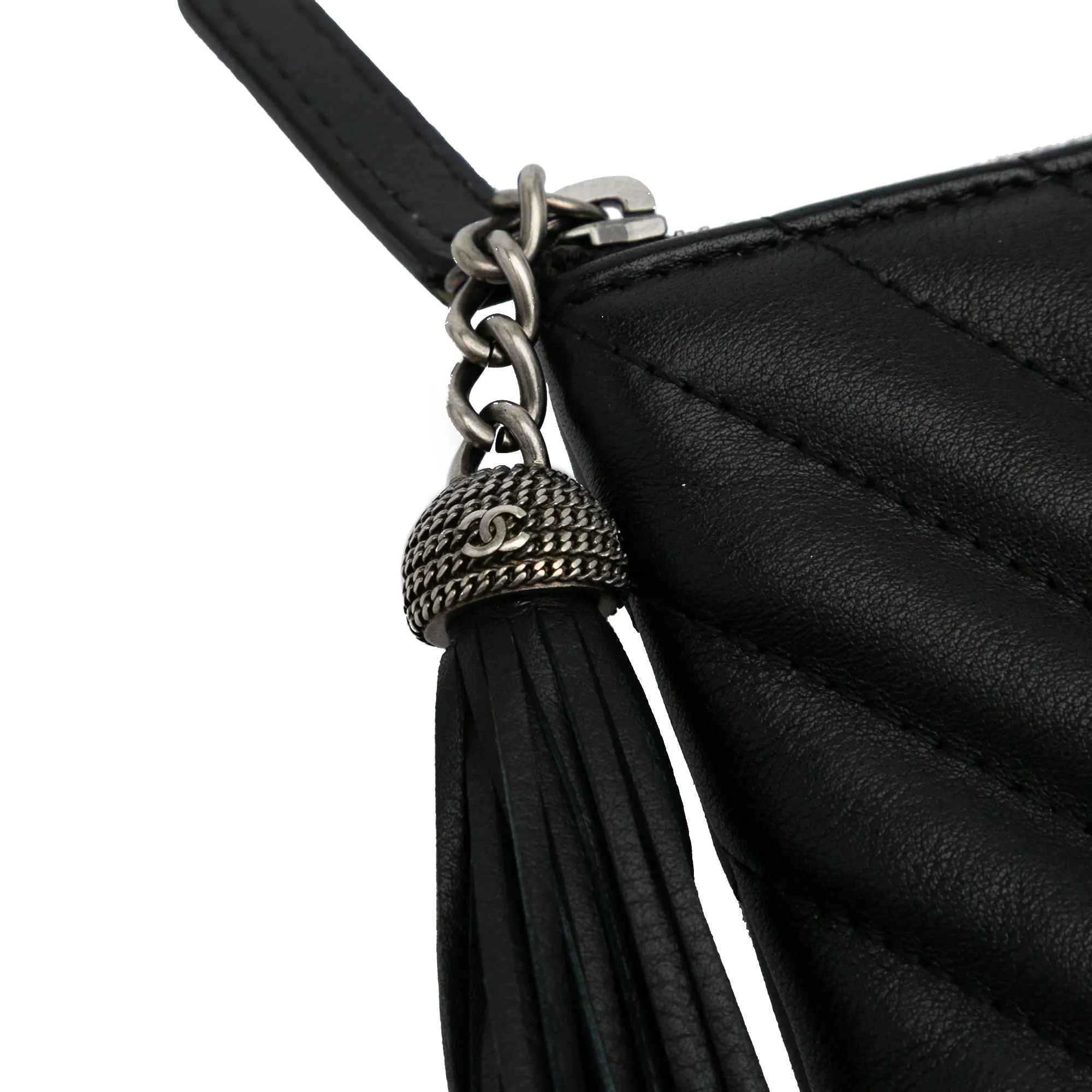 Black Chanel Large Diagonal Chevron Calfskin Tassel O Case Clutch