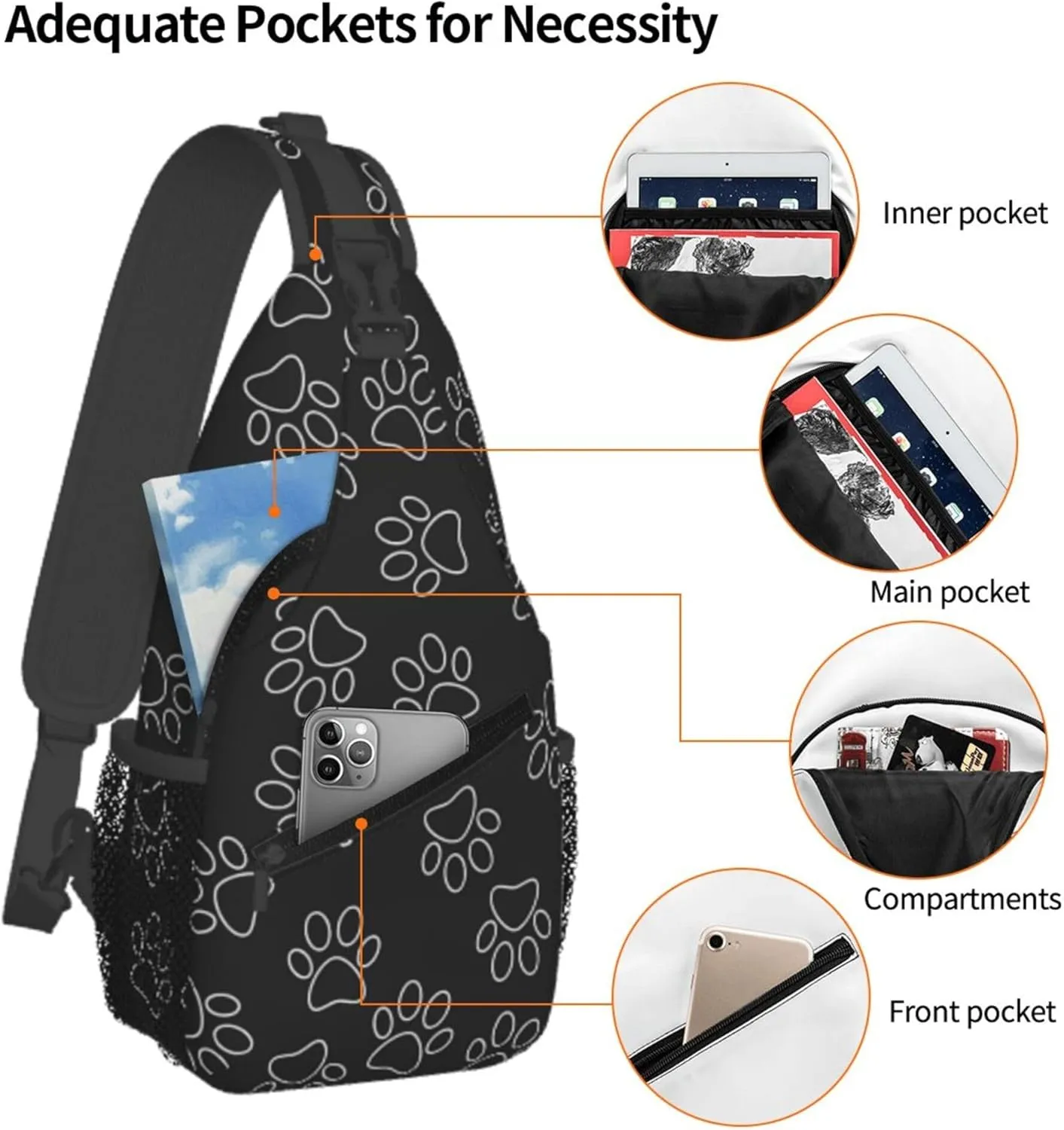 Black Dog Paw Print Sling Backpack Crossbody Bag, Chest Bag Daypack Fanny Pack Cross Body Bag for Outdoors Hiking Traveling