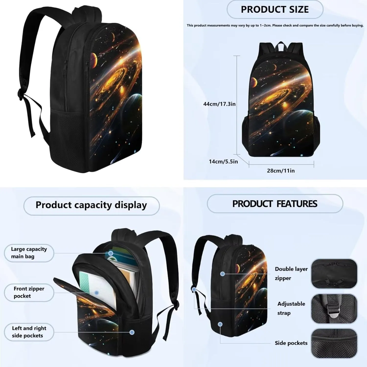 Black Galaxy School Backpack for Boys Planet Print School Bookbag for Middle School Cute School Back Pack with Lunch Bag Fashion 17 Inch Laptop Daypack for College Students