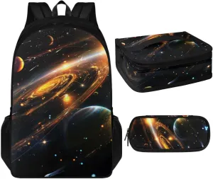 Black Galaxy School Backpack for Boys Planet Print School Bookbag for Middle School Cute School Back Pack with Lunch Bag Fashion 17 Inch Laptop Daypack for College Students