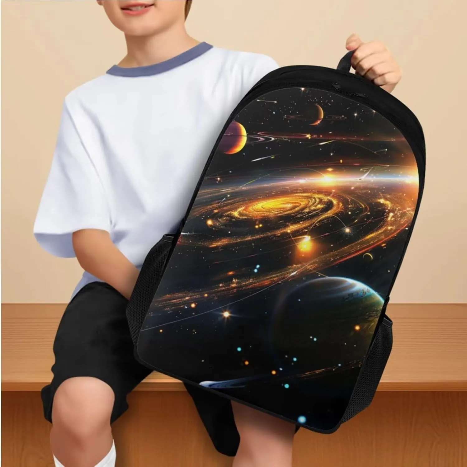 Black Galaxy School Backpack for Boys Planet Print School Bookbag for Middle School Cute School Back Pack with Lunch Bag Fashion 17 Inch Laptop Daypack for College Students