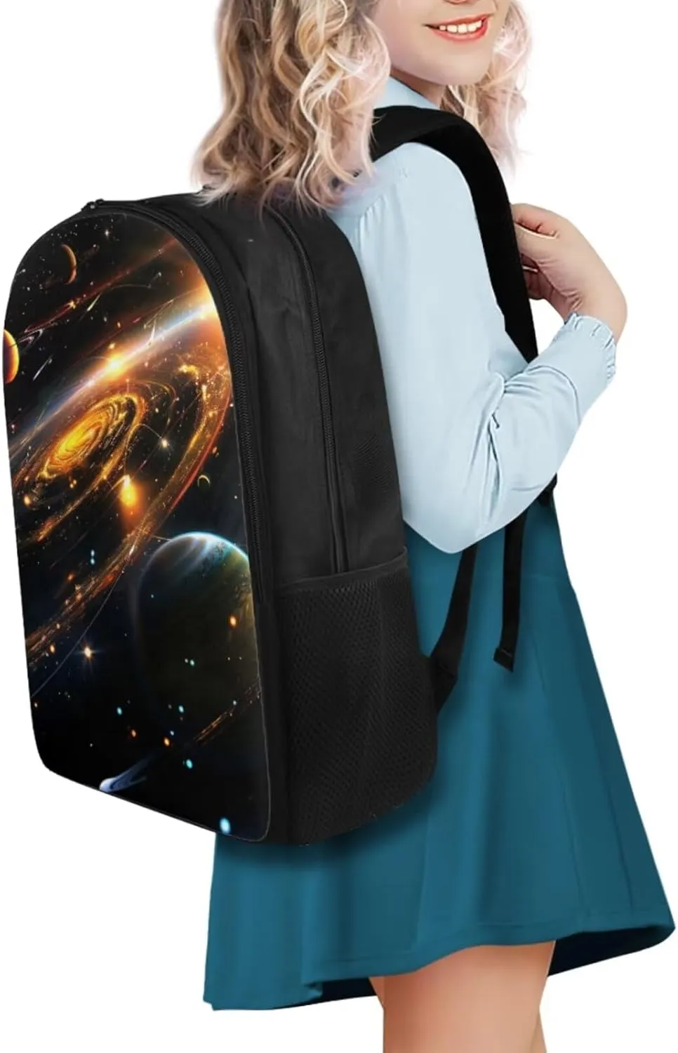 Black Galaxy School Backpack for Boys Planet Print School Bookbag for Middle School Cute School Back Pack with Lunch Bag Fashion 17 Inch Laptop Daypack for College Students