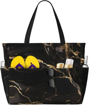 Black Gold Marble Print 28L Beach Tote Bag, Water-resistant Travel Tote, Lightweight Gym & Camping Carryall
