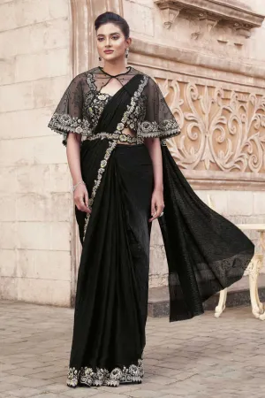 Black Two Tone Satin Silk Pearl Work Ready to wear saree
