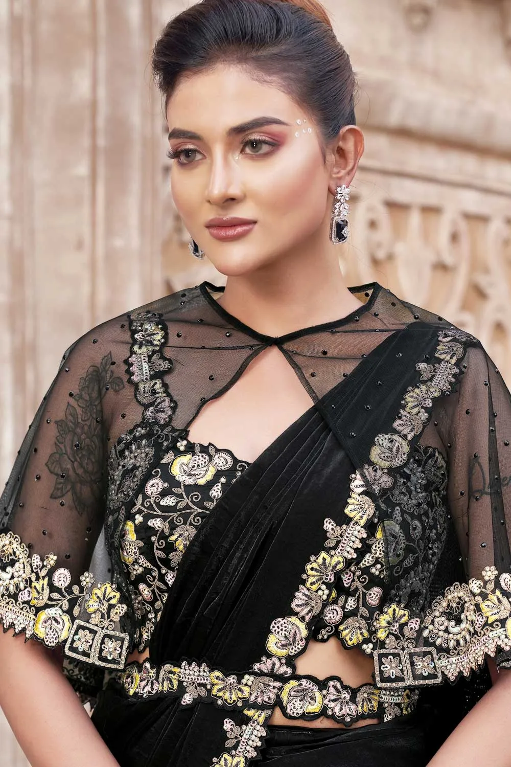 Black Two Tone Satin Silk Pearl Work Ready to wear saree