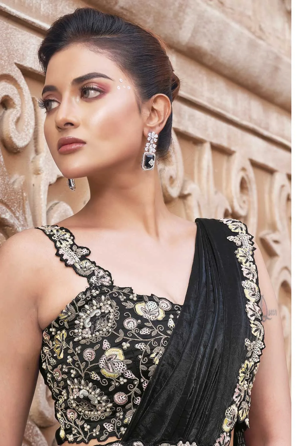 Black Two Tone Satin Silk Pearl Work Ready to wear saree